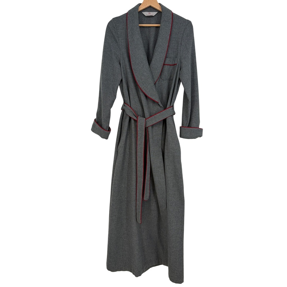 Evan Picone Vintage Womens Gray Red Trim Shawl Collar Wrap Robe Medium Old Money